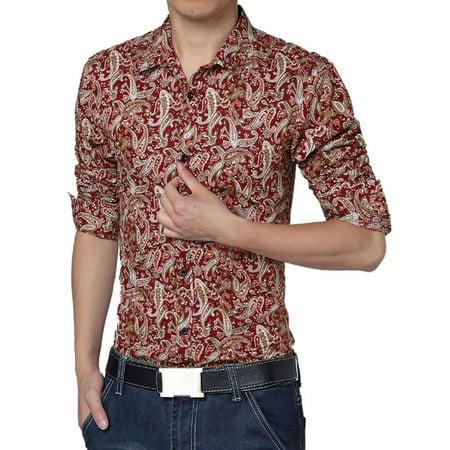 Men Long Sleeve Button Down Front Paisley Casual Cotton Hawaiian Shirt